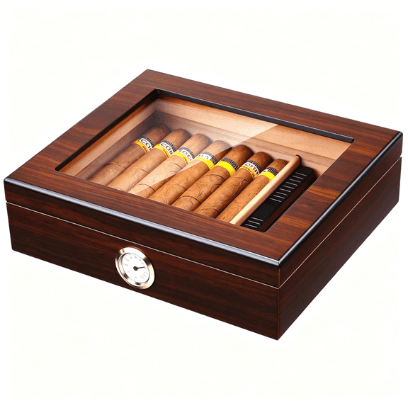 TENIRO Handmade Cigar Humidor, Cedar Cigar Desktop Box with Humidifier and Hygrometer, Glass Top for 25 Cigars Humidor Cigar Box (20-25 Cigars)