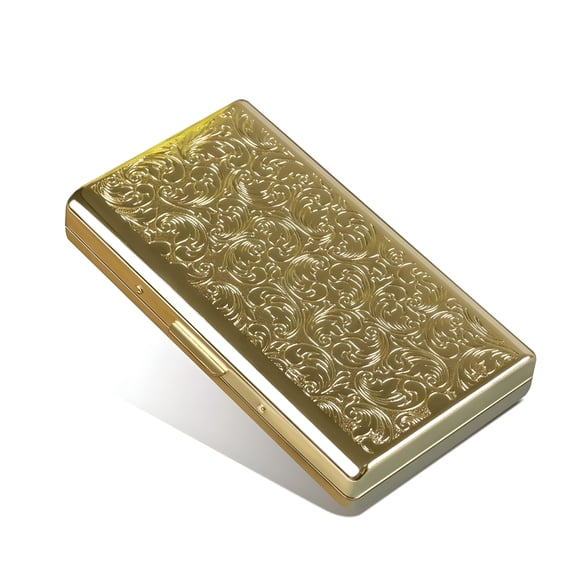TENIRO Retro Metal Cigarette Case Box - Double Sided Spring Clip Open Pocket Holder for 14 100mm Cigarettes Credit Card Holder Protective Security Wallet for Men and Women (Golden)