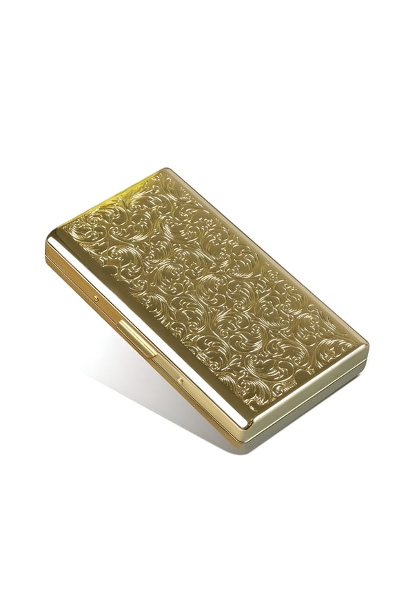 Retro Metal Cigarette Case Box - Double Sided Spring Clip Open Pocket Holder for 14 100mm Cigarettes Credit Card Holder Protective Security Wallet for Men and Women (Golden)