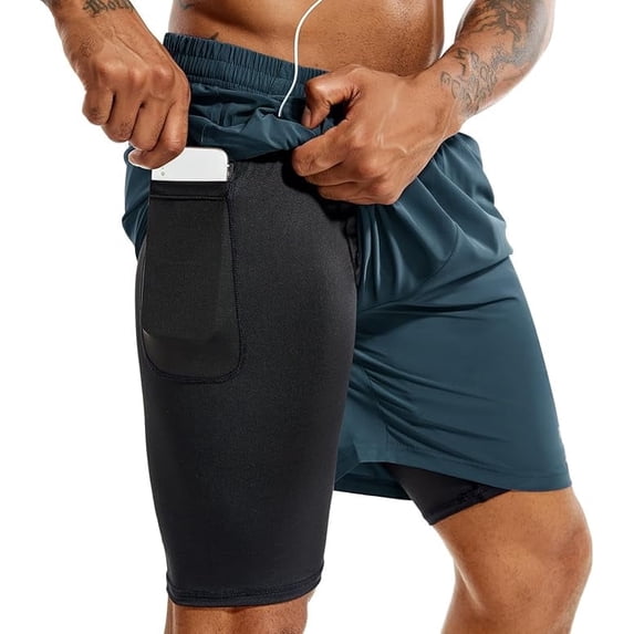 TENJOY Men's 2 in 1 Running Shorts 5 in Quick Dry Athletic Workout Shorts for Men with Phone Pockets