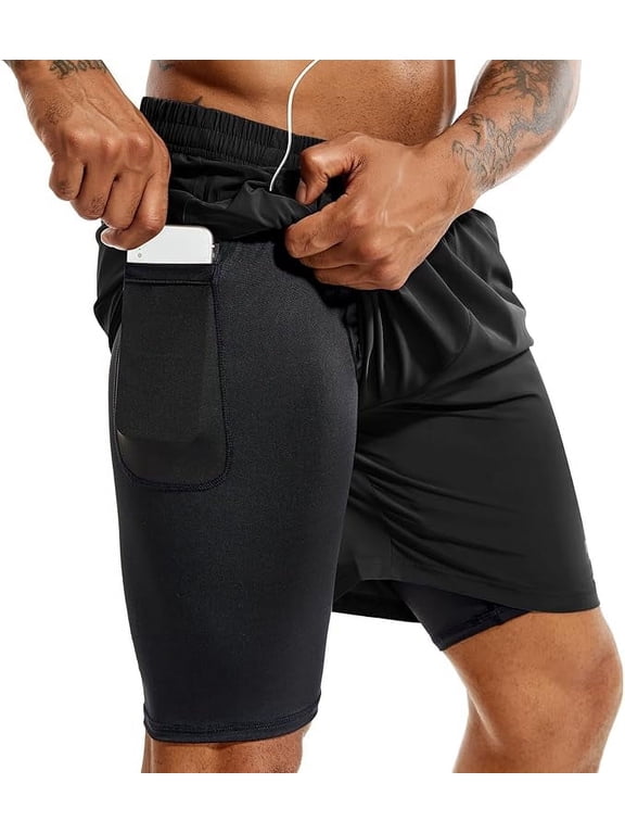 Men's 2 in 1 Running Shorts 5 in Quick Dry Athletic Workout Shorts for Men with Phone Pockets