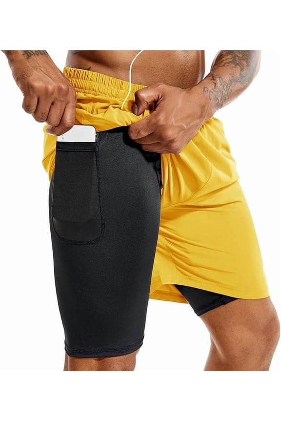 Men's 2 in 1 Running Shorts 5 in Quick Dry Athletic Workout Shorts for Men with Phone Pockets