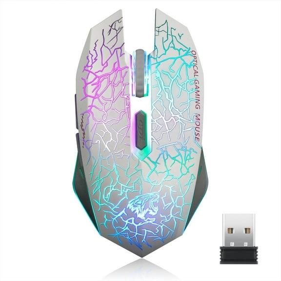 TENMOS Wireless Gaming Mouse Rechargeable Silent LED Optical Computer Mice with USB Receiver White