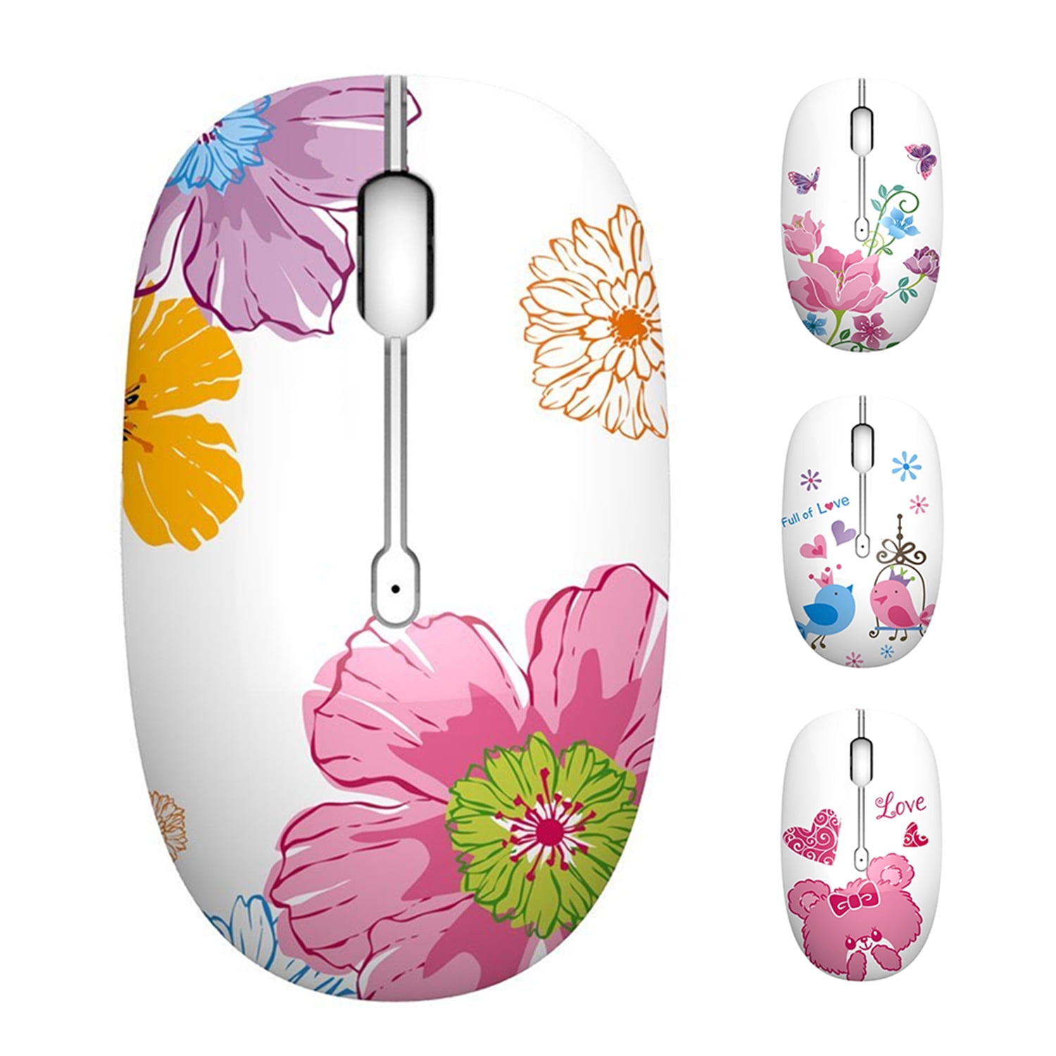 TENMOS M101 Wireless Silent Mouse - 2.4G Optical Computer Mouse With USB Receiver, 1600 DPI Flower Design