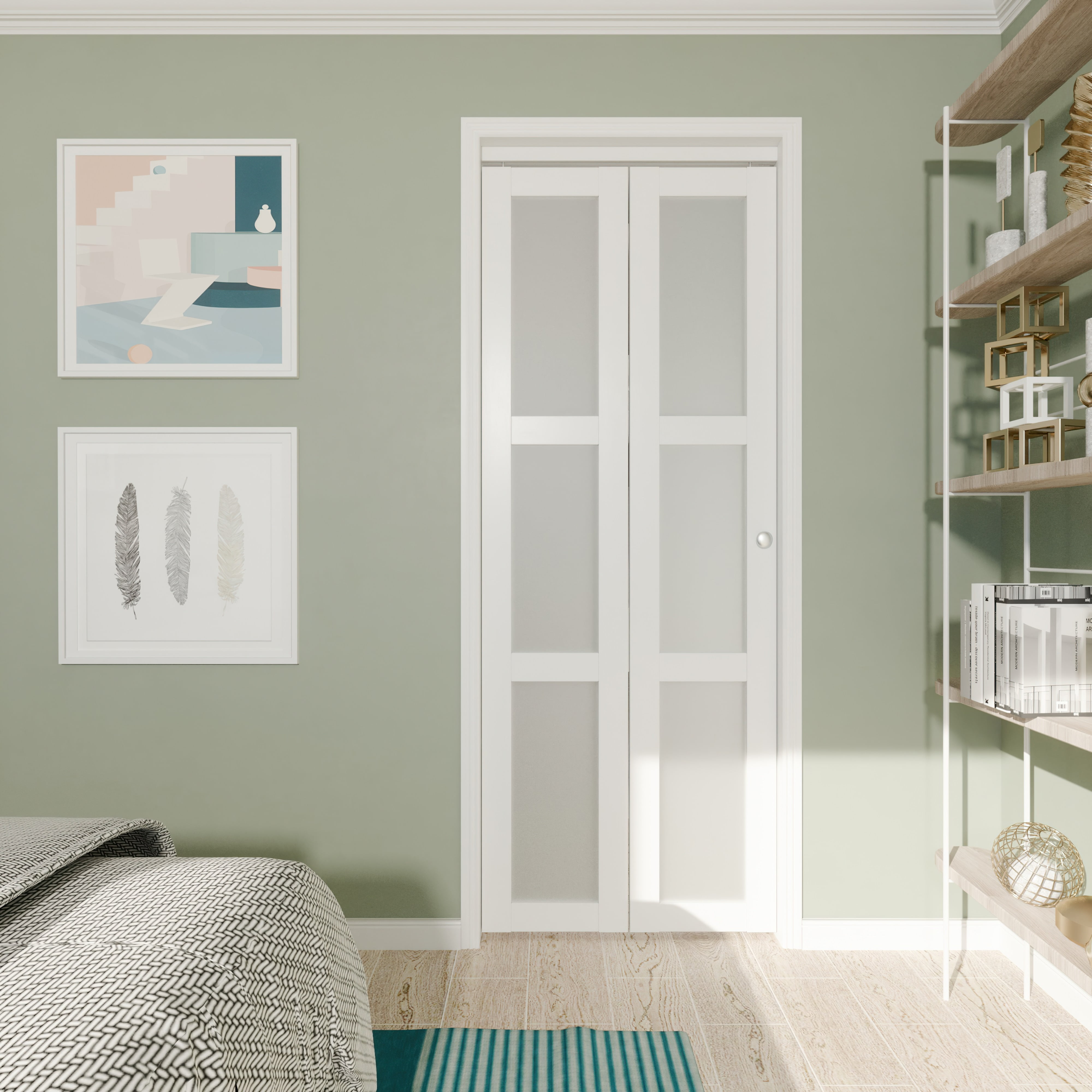 TENONER 30 in. x 80 in. Webbing and Wood Bi-Fold Interior Door for Closet, MDF, White Folding Door Wardrobe, Including Hardware