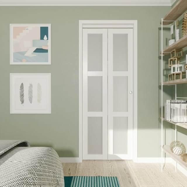 TENONER 30 in x 80 in Three Frosted Glass Panel Bi-Fold Interior Door for Closet, with MDF & Water-Proof PVC Covering