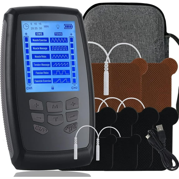 TENS Unit Muscle Stimulator Machine, Dual Channel High Power TENS EMS Machine Device for Neck, PMS, Back and Muscle Pain Relief, Electronic Pulse Massager with 8 Electrode Pads and Travel Case