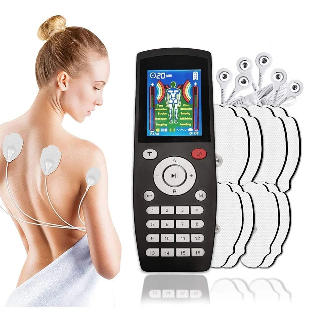 TENS Unit Rechargeable Muscle Stimulator EMS Quad Channel with 10 Reusable Electrode Pads 16 Modes 20 Intensities for Back Neck Pain Muscle Therapy Pain Management Pulse Massager
