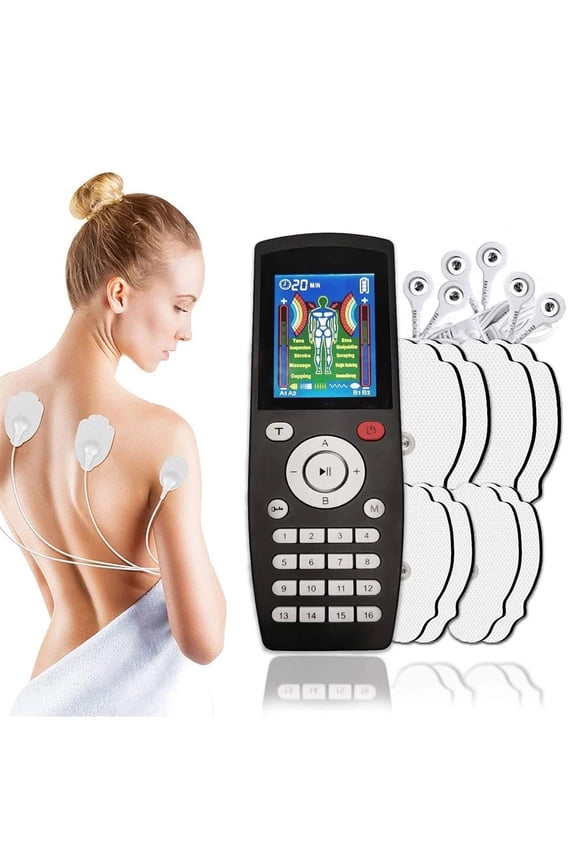 TENS Unit Rechargeable Muscle Stimulator EMS Quad Channel with 10 Reusable Electrode Pads 16 Modes 20 Intensities for Back Neck Pain Muscle Therapy Pain Management Pulse Massager