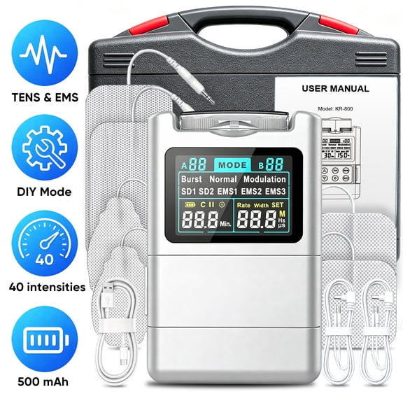 FRESHDEW TENS Unit, Pulse Muscle Stimulator, EMS Dual Channel with 12 Reusable Pads, DIY Mode, 40 Intensities, Rechargeable Portable Muscle Massager for Back Neck Leg Relief