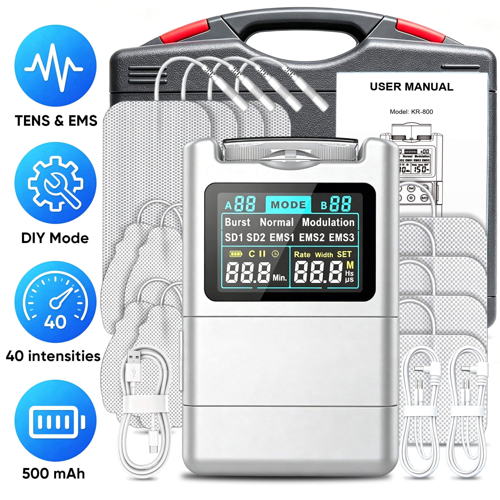 FRESHDEW TENS Unit, Pulse Muscle Stimulator with 12 Reusable Pads, EMS Dual Channel, DIY Mode, 40 Intensities, for Back Neck Leg Relief