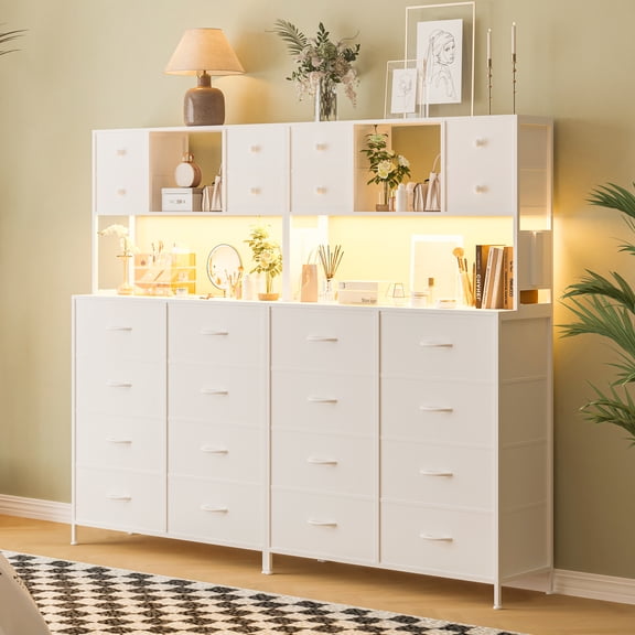 TENSAKEE 12 Drawer Fabric Dresser with LED Light and Charging Station, Tall Storage Chest with Open Shelves, Metal Frame, Wooden Top, for Bedroom