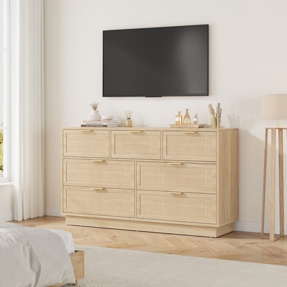 TENSAKEE 7-Drawer Rattan Dresser and TV Stand, Wide Wooden Storage Cabinet with Metal Handles, Boho Farmhouse Console for 75 in TV