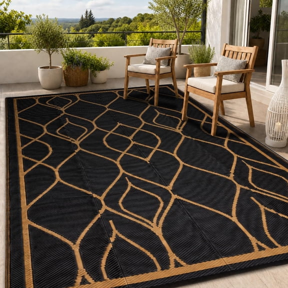 TENSAKEE Outdoor Rug 9x12 Ft, Plastic Straw Patio Rug, Indoor Outdoor Carpet for Deck RV, Brown and Black