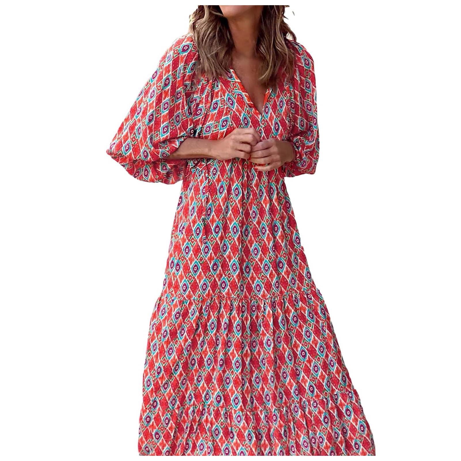 Women's Boho V-Neck Midi Dress – Long Sleeve, Loose Tiered Swing Dress For Fall & Vacation