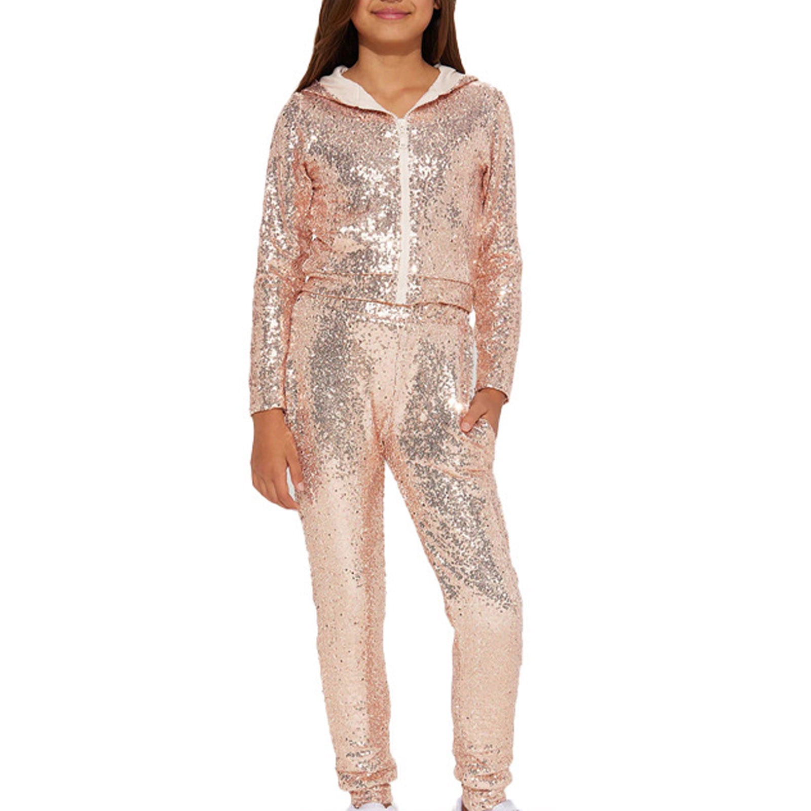 TENSUNNYD Girls Sequin Jacket Set Zipper Jacket For Kids Sparkly Sequin