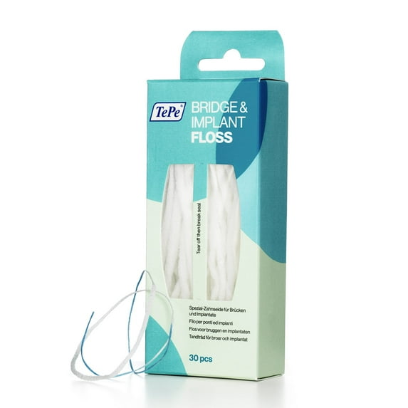 TEPE Bridge & Implant Dental Floss - Thick, Flexible with Stiff Ends for Braces, 30 Pieces