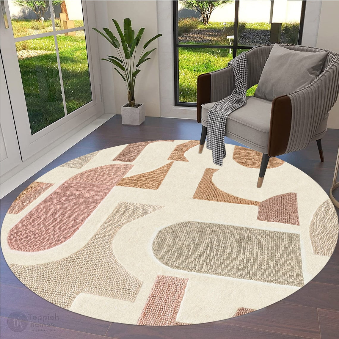 TEPPICHHOMESIvory Tufted Circle Rug Tufte Wool, 5x5, 6x6, 7x7 Bedroom