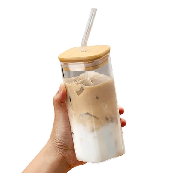 TEPgvh Heat Straw Glass Cup, 400ml Cold Drink Juice Cup with Lid,B,One Size