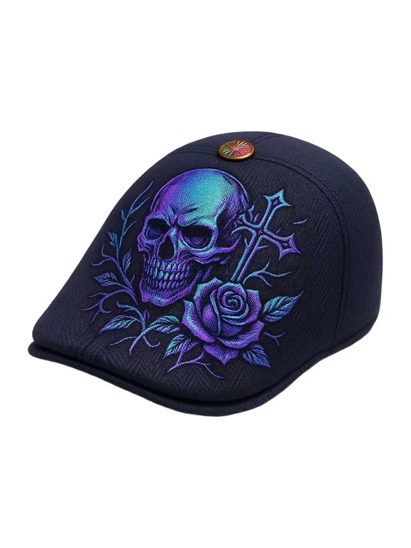 Other Skull Embroidered Beret Rose Newsboy Cap Gothic Embroidery Flat Bill Beret For Fashion Retro Streetwear Hat C - 25x20x3 cm
