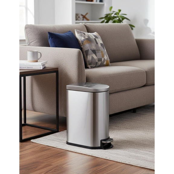 TEQIN 1.6 Gal / 6L Stainless Steel Bathroom Garbage Can With Lid, Slim Waterproof Garbage Can For Bedroom, Step-On Trash Bin With Inner Bucket, Rear Handle, Small Trash Can With Soft Close Lid