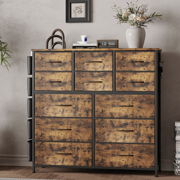 TEQIN 12 Drawer Storage Dresser with Wood Top,Wide Fabric Chest Organizer Fabric Storage Tower for Bedroom, Closet, Living Room,Tower Cabinet, TV Stand, Hallway Entryway