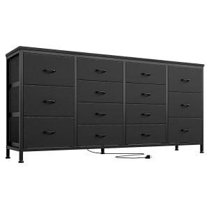 TEQIN 14 Drawers Fabric Dresser,Entertainment Center With Power Outlet ,Storage Tower Cabinet, Organizer Unit for Bedroom, Living Room, Hallway, Closet, Sturdy Steel Frame, Wooden Top TV Stand