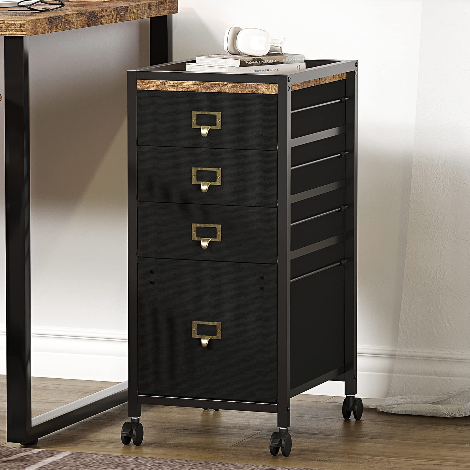 TEQIN 2-4 Drawer File Cabinet with Wheels,Metal Mobile Filing Cabinets with Fabric Drawers,Vertical Filing Cabinet With Lock for Home Office,Heavy Duty Storage Cabinet for A4/Letter/Legal Size File