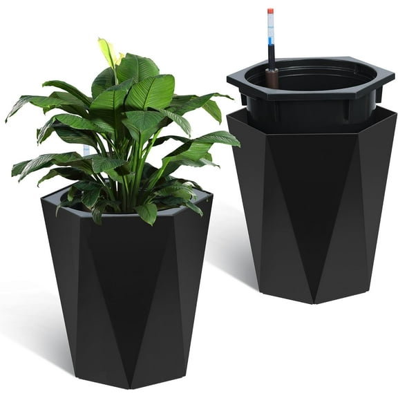 TEQIN 22.5 Inch Tall Planters Set of 2, Self Watering Pots,Large Flower Pot Outdoor and Indoor, with 2 Trays and a Water Level Monitor and Wheels Large Tapered Pots for Patio, Porch, or Home Office