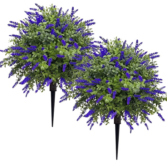 TEQIN 23.6" Artificial Lavender Topiary Set of 2 with Spike, Fake Plants Boxwood Balls Green Shrubs , Uv Resistant Artificial Push in Flowers Bushes Fake Plants for Outdoor Front Porch Decor