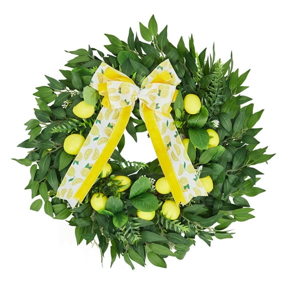TEQIN 24" Artificial Lemon Wreaths for Front Door, Spring Summer Door Wreath with Green Leaves and Bow & Grapevine for Farmhouse Fall Home Kitchen Party Wall Decor