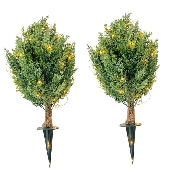 TEQIN 30" Tall Artificial Cedar Topiary Ball Trees, Set of 2 UV Resistant Fake Topiary Tree Shrubs Bushes Artificial Plants with Ground Spike Faux Cypress Plants for Indoor Outdoor Decor