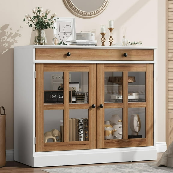 TEQIN 35.4'' W Accent Small Buffet Cabinet with Storage, Buffet Sideboard with 2 Glass Doors and a Drawer,Small Coffee Bar Cabinet with Adjustable Shelf,Modern Buffet Cabinet for Kitchen Entryway