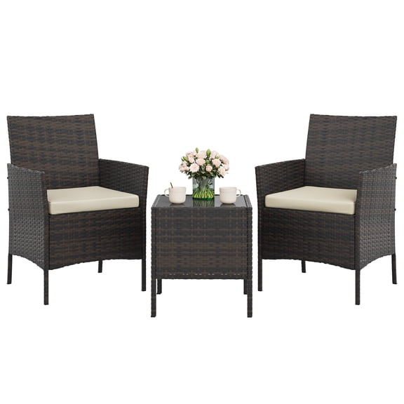 TEQIN 3Pcs Patio Porch Furniture Set,Front Patio Furniture Set,Pe Rattan Wicker Conversation Set With Soft Cushions, Glass Coffee Table & 2 Chairs For Garden/Deck/Courtyard/Poolside