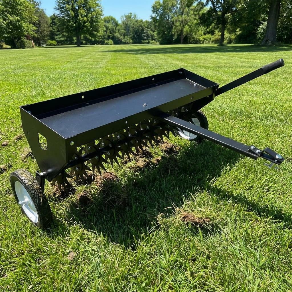 TEQIN 40" Lawn Aerator Tow Behind, Pull Behind Aerator with Hitch, Galvanized Steel Tines, Tray and Pneumatic Tires,Plug Behind Aerator is Suitable for Gardens, Lawns and Farms