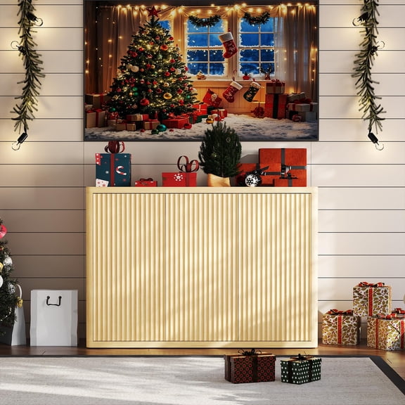 TEQIN 46.7" Fluted Buffet Cabinet Sideboard With Storage, Large Credenza With 3 Doors, Wood Mid Century Modern Sideboard Coffee Bar Cabinet For Kitchen And Living Room