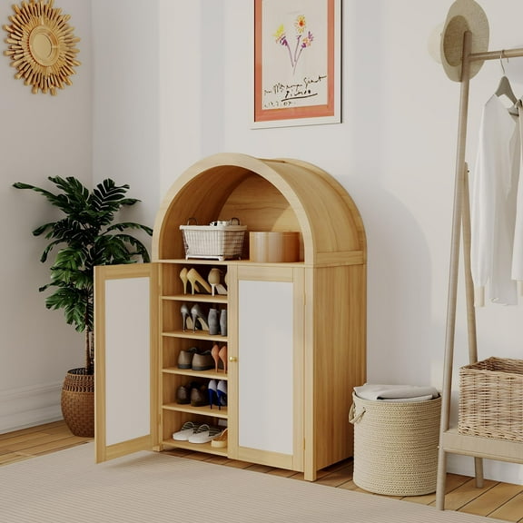 TEQIN 47" Arched Kitchen Pantry Cabinet, 5-Tier Arched Cabinet with Rattan Doors & Adjustable Shelves,Versatile Storage Cupboard Arch Cabinets for Kitchen Storage, Dinning Room, Living Room