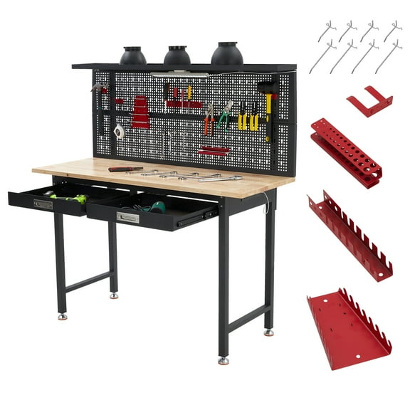 TEQIN 48" /60" Workbench for Garage,Workbench Table with Drawers Rubberwood Tabletop Work Table with Pegboard, Power Outlets Adjustable Feet Work Bench for Office,Woodworking Shop