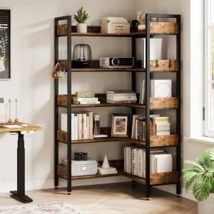 TEQIN 5 Tier Bookshelf,L Shaped Corner Shelf,Industrial Corner Bookshelf with Open Shelves, 65.8" Tall Straight Wide Bookcase with Metal Frame and Wooden Board, Adjustable Feet