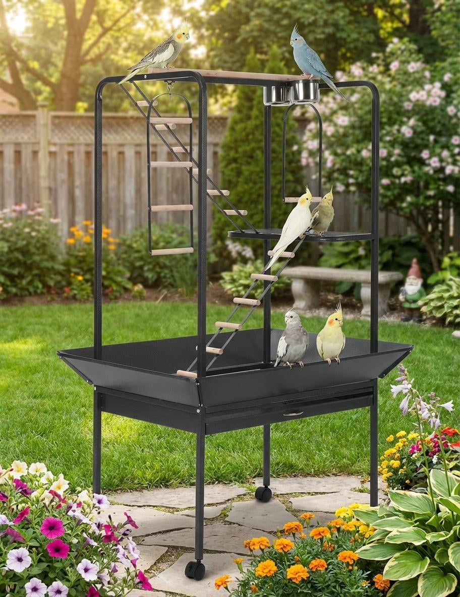 TEQIN 66-Inch Playtop Wrought Iron Large Parrot Bird Cages With Rolling Stand For Cockatiels Parrot Quaker Conure Parakeet Lovebird Finch Canary Small Medium Parrot Cage Birdcage