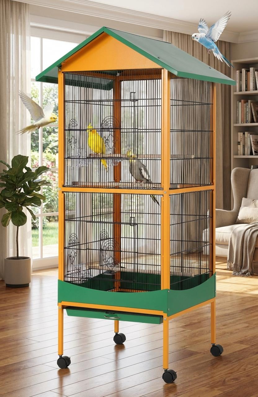 TEQIN 66-Inch Playtop Wrought Iron Large Parrot Bird Cages With Rolling Stand For Cockatiels Parrot Quaker Conure Parakeet Lovebird Finch Canary Small Medium Parrot Cage Birdcage