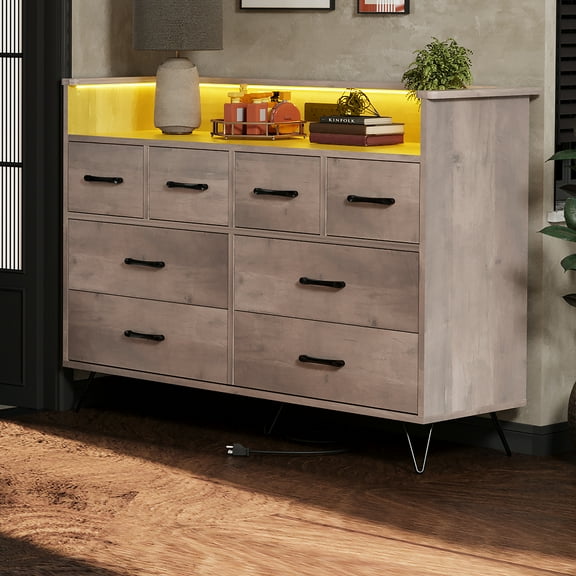 TEQIN 8 Drawer Dressers for Bedroom, Modern Chest of Drawers with Power Outlet,Dresser with LED Lights,Wide Modern Wide Dressers with Open Space for Bedroom, Entryway, Hallway