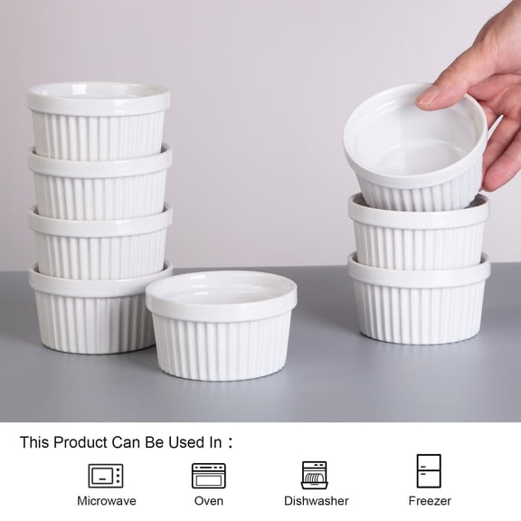 TEQIN 8 Oz Ramekins Bowls, 8pcs Small Serving Bowls, Porcelain Dipping Sauce Bowls, Oven Safe, Ramekins For Baking Souffle Ramekins, Brulee Porcelain Ramekins