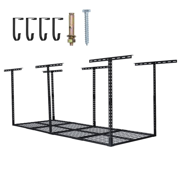 TEQIN 8x3 FT Overhead Garage Storage Rack,Heavy-Duty Steel Ceiling Organizer with Height Adjustment, Expandable Shelves Metal Garage Storage Organization Systerm for Tires/Toolboxes