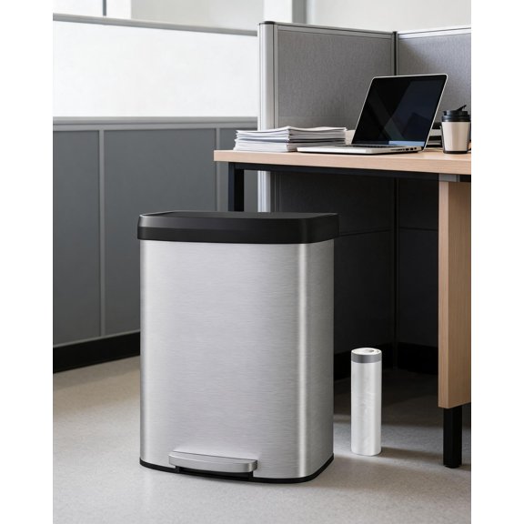 TEQIN Bathroom Trash Can With Lid Soft Close, Step Pedal, 60L / 16 Gallon Stainless Steel Garbage Can Step-On Kitchen Metal Trash Bin For Kitchen, Bathroom, Living Room