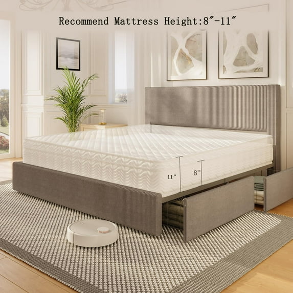 TEQIN Bed Frame with Tall Tufted Wingback Headboard, Velvet Upholstered Full Bed Frame with 4 Storage Drawers and Wooden Slats Support,No Box Spring Needed,Low Noise Full Size /Queen Size/ King Size