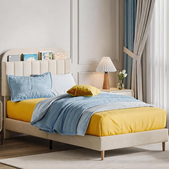 TEQIN Bed Frame, Upholstered Headboard with with Storage, Metal Platform Bed Frame, Velvet Platform Bed Mattress Foundation,Noise Free, No Box Spring Needed