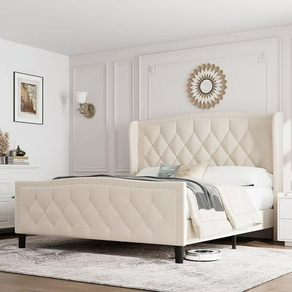 TEQIN Bed Frame With Storage Headboard and 4 Drawer,Tufted Full Bed Frame with Charging Station,Wood Slat,No Box Spring Needed, Easy Assembly