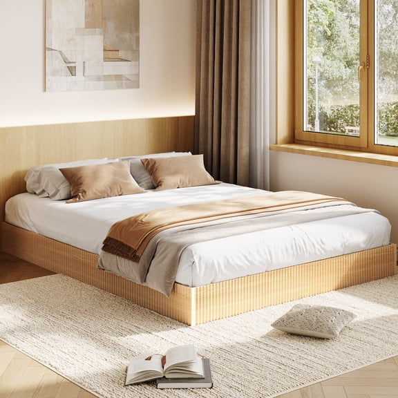 TEQIN Bed Frame Without Headboard, Mid Century Modern Fluted Platform Bed, Heavy Duty Floor-Standing Bed Fram, No Box Spring Needed，Noise-Free, Easy Assembly