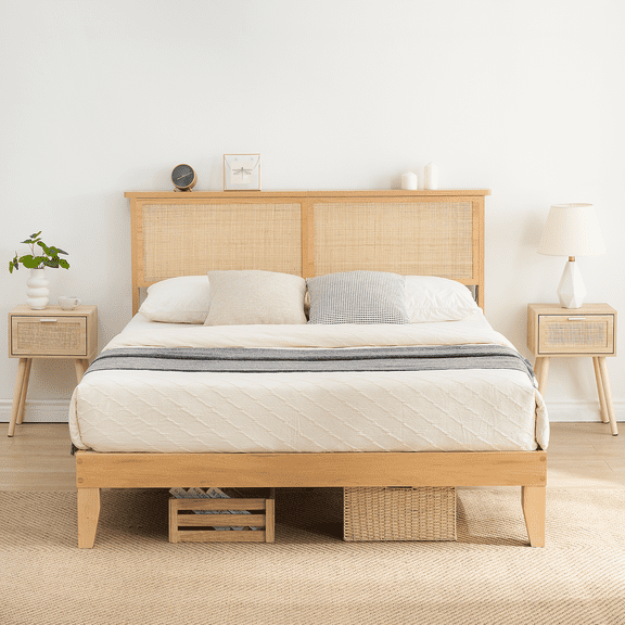 TEQIN Bohemia Bed Frame with Rattan Headboard & RGB LED Lights, Natural Woven Decor Platform Bed with Storage Shelf,Wood Legs & Slats, No Box Spring Needed,Easy Assembly